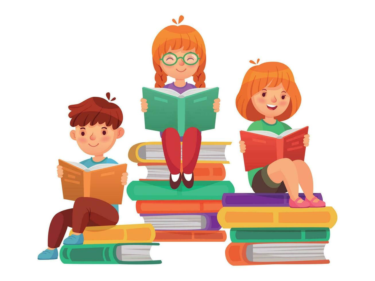 kids-sitting-on-stacks-of-books-and-reading-literature-boy-and-girls-learning-or-studying-school-education-vector